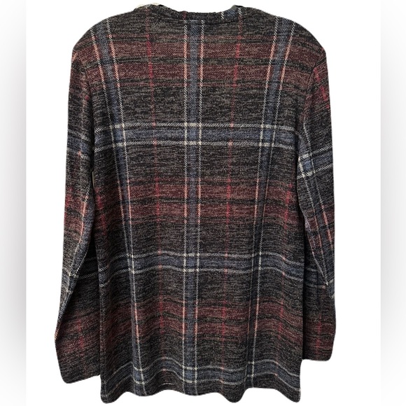 NEW Pure Amici Womens Tartan Plaid Knit Crew Neck Stretch Pullover Red Grey Blue - Picture 3 of 5